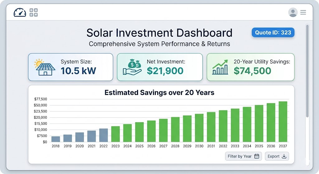 Solytics360 solar proposal showing aerial property view and estimated system size, investment, and savings